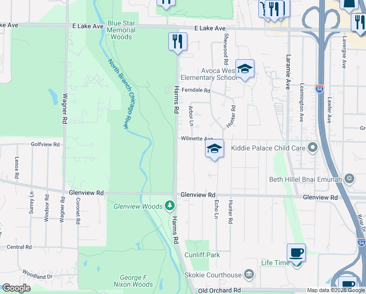 map of restaurants, bars, coffee shops, grocery stores, and more near 933 Harms Road in Glenview