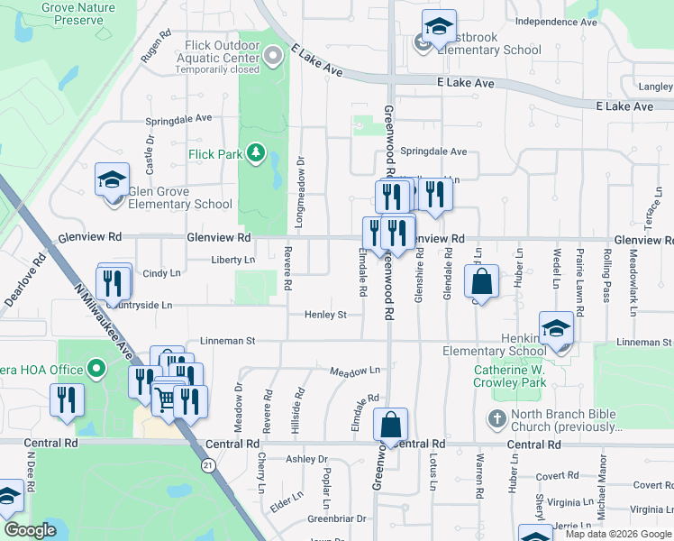 map of restaurants, bars, coffee shops, grocery stores, and more near 908 Elmdale Road in Glenview