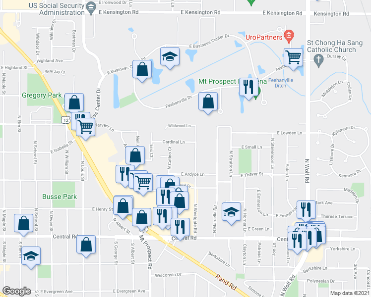 map of restaurants, bars, coffee shops, grocery stores, and more near 280 North Westgate Road in Mount Prospect