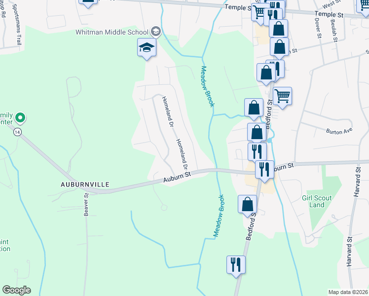 map of restaurants, bars, coffee shops, grocery stores, and more near 65 Homeland Drive in Whitman