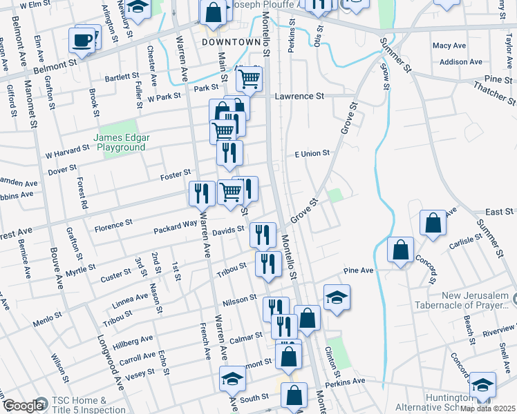 map of restaurants, bars, coffee shops, grocery stores, and more near 25 Owens Avenue in Brockton