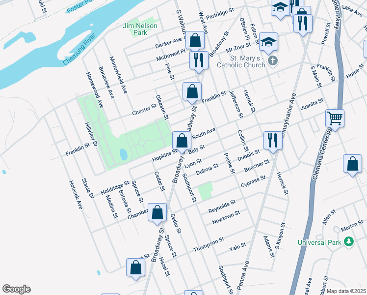 map of restaurants, bars, coffee shops, grocery stores, and more near Broadway Street & Hopkins Street in Elmira