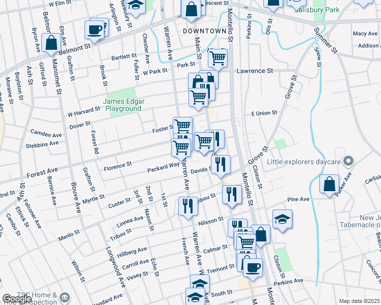 map of restaurants, bars, coffee shops, grocery stores, and more near 40 Florence Street in Brockton