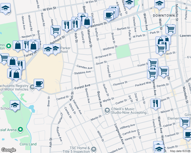 map of restaurants, bars, coffee shops, grocery stores, and more near 173 Manomet St in Brockton