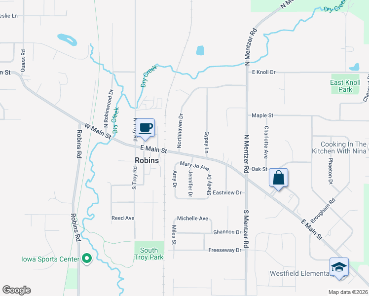 map of restaurants, bars, coffee shops, grocery stores, and more near 30 Northhaven Drive in Robins