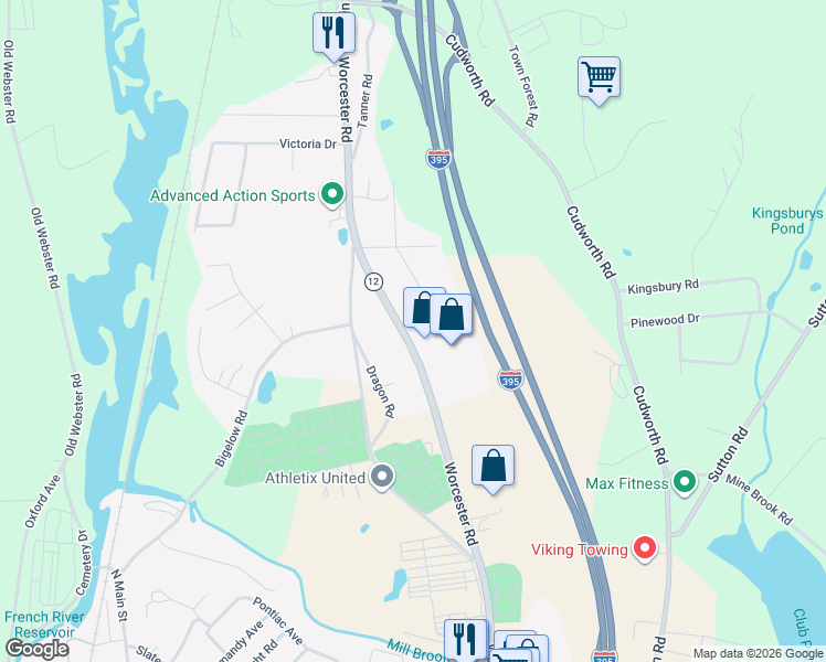 map of restaurants, bars, coffee shops, grocery stores, and more near 88 Worcester Road in Webster