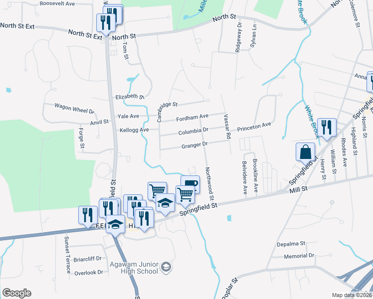 map of restaurants, bars, coffee shops, grocery stores, and more near 81 Granger Drive in Agawam