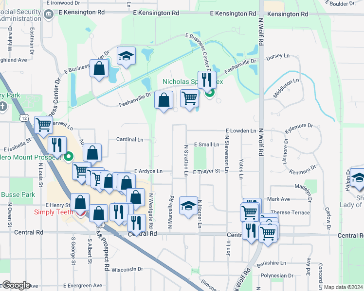 map of restaurants, bars, coffee shops, grocery stores, and more near 220 North Stratton Lane in Mount Prospect