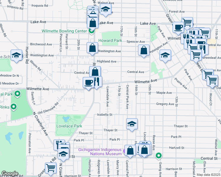 map of restaurants, bars, coffee shops, grocery stores, and more near 306 Lawndale Avenue in Wilmette