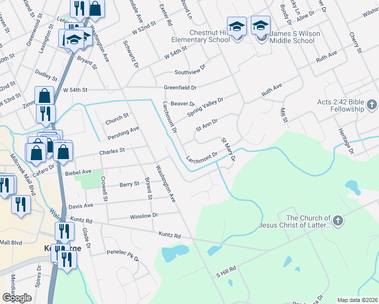 map of restaurants, bars, coffee shops, grocery stores, and more near 5713 Larchmont Dr in Erie
