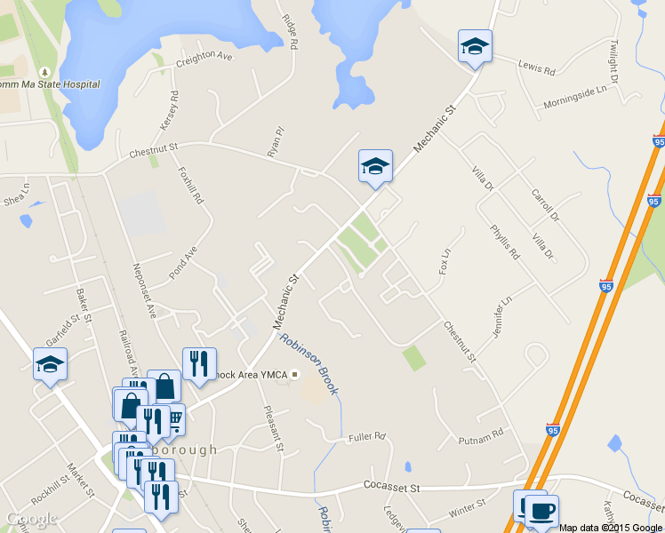 map of restaurants, bars, coffee shops, grocery stores, and more near 95 Mechanic Street in Foxborough