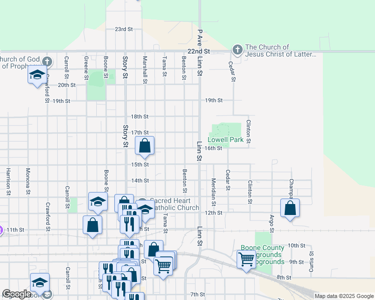 map of restaurants, bars, coffee shops, grocery stores, and more near 1528 Benton Street in Boone