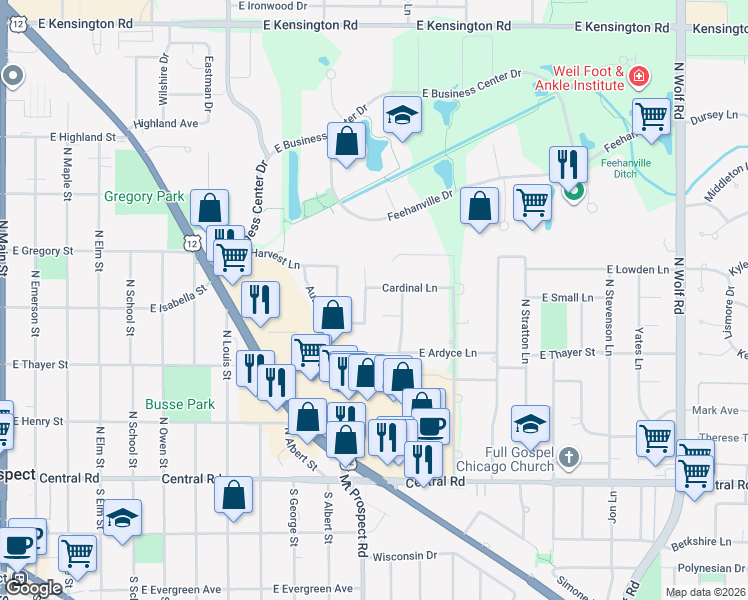 map of restaurants, bars, coffee shops, grocery stores, and more near 215 Eric Avenue in Mount Prospect