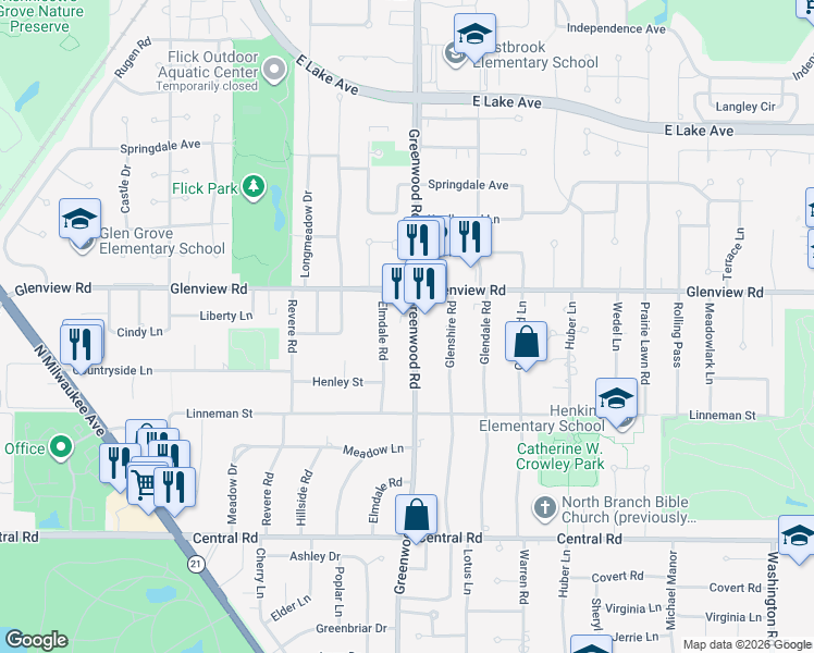 map of restaurants, bars, coffee shops, grocery stores, and more near 908 Greenwood Road in Glenview