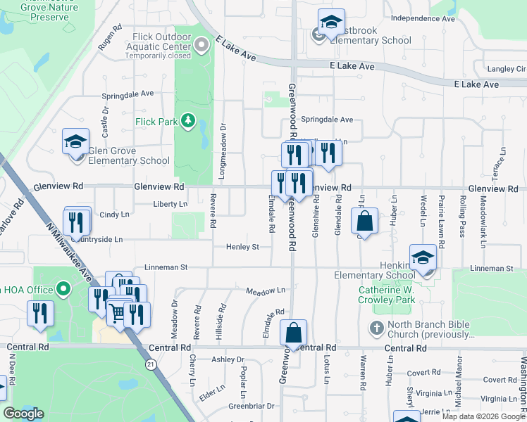 map of restaurants, bars, coffee shops, grocery stores, and more near 908 Elmdale Road in Glenview