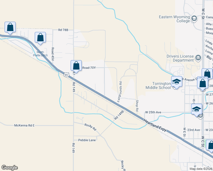 map of restaurants, bars, coffee shops, grocery stores, and more near 7075 Road 92 in Torrington