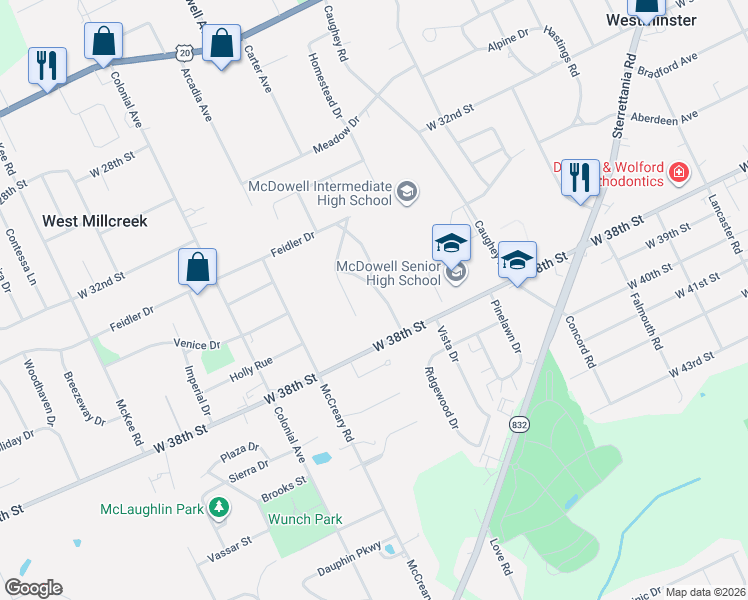 map of restaurants, bars, coffee shops, grocery stores, and more near 3610 Scarboro Rd in Erie
