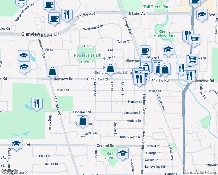 map of restaurants, bars, coffee shops, grocery stores, and more near 2122 Dewes Street in Glenview
