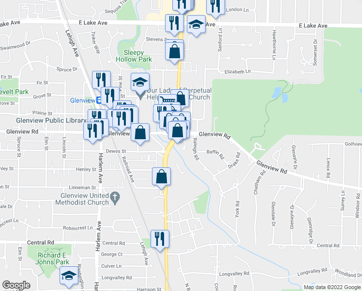 map of restaurants, bars, coffee shops, grocery stores, and more near 1621 Glenview Road in Glenview