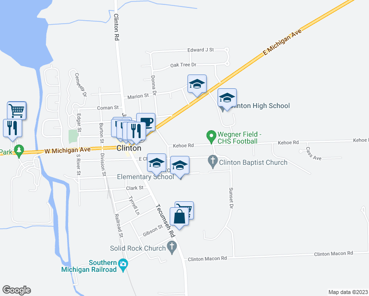 map of restaurants, bars, coffee shops, grocery stores, and more near 204 Kehoe Road in Clinton