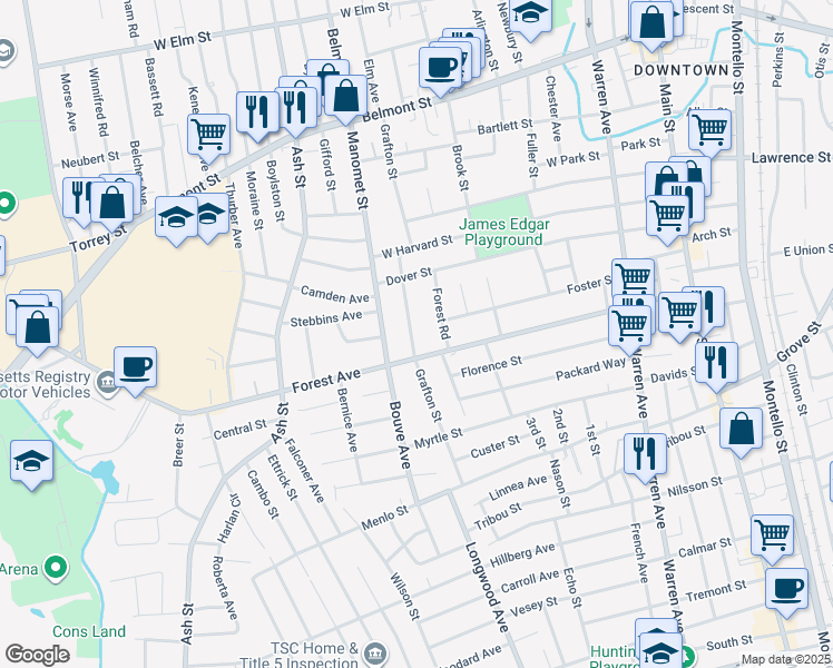 map of restaurants, bars, coffee shops, grocery stores, and more near 182 Grafton Street in Brockton