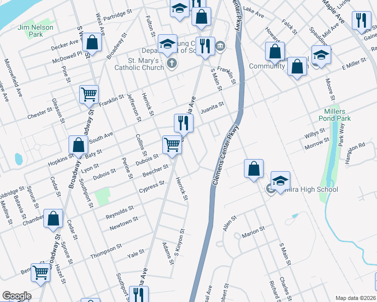 map of restaurants, bars, coffee shops, grocery stores, and more near 714 Kinyon St in Elmira