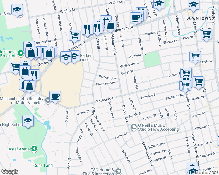 map of restaurants, bars, coffee shops, grocery stores, and more near 40 Anania Terrace in Brockton