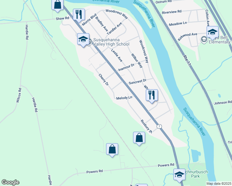 map of restaurants, bars, coffee shops, grocery stores, and more near 14 South Cherry Drive in Conklin