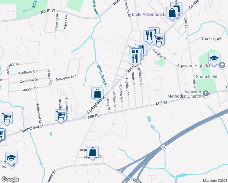 map of restaurants, bars, coffee shops, grocery stores, and more near 6 William Street in Agawam