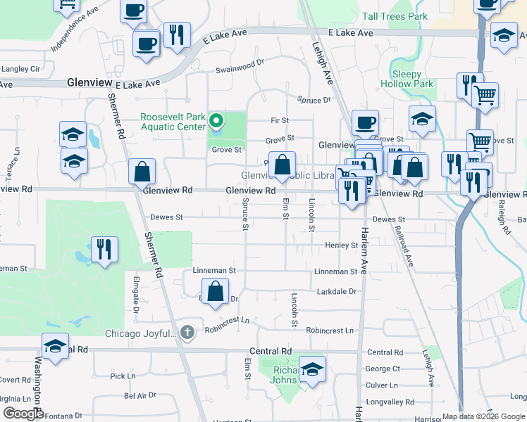 map of restaurants, bars, coffee shops, grocery stores, and more near 2122 Dewes Street in Glenview