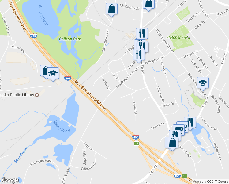 map of restaurants, bars, coffee shops, grocery stores, and more near 120 Washington Street in Franklin