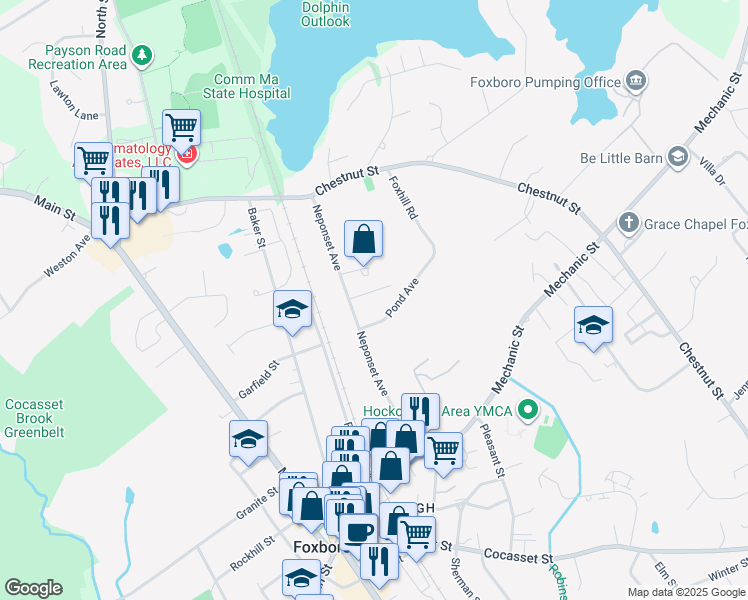 map of restaurants, bars, coffee shops, grocery stores, and more near 9 Bradford Ave in Foxboro
