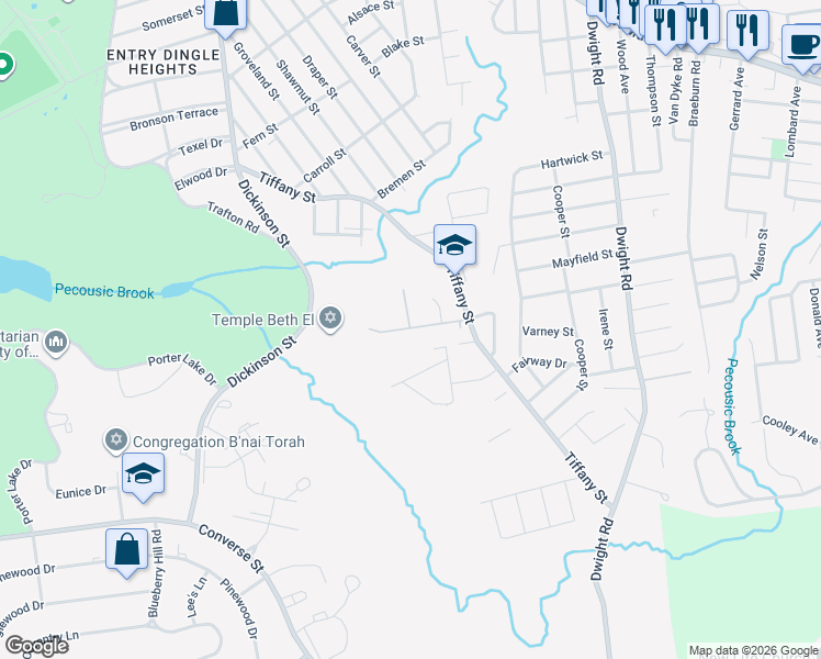 map of restaurants, bars, coffee shops, grocery stores, and more near 79 Brentwood Street in Springfield