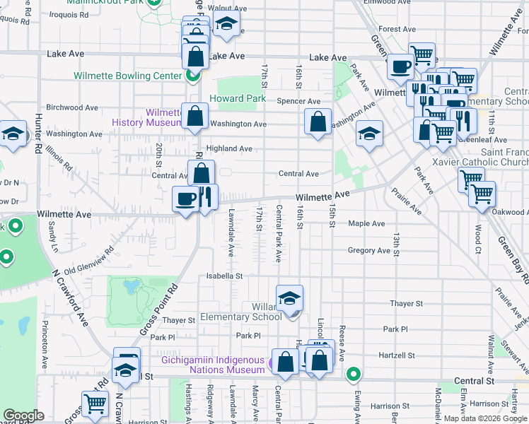 map of restaurants, bars, coffee shops, grocery stores, and more near 308 17th Street in Wilmette