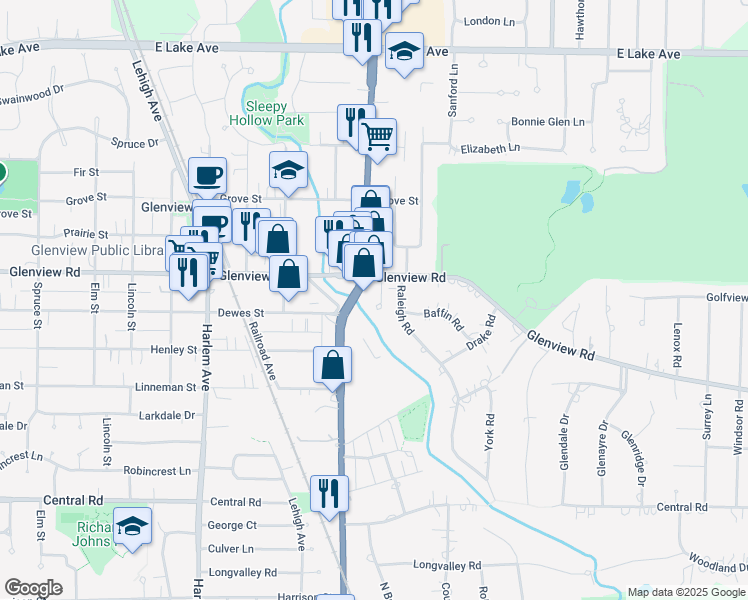 map of restaurants, bars, coffee shops, grocery stores, and more near 1621 Glenview Road in Glenview