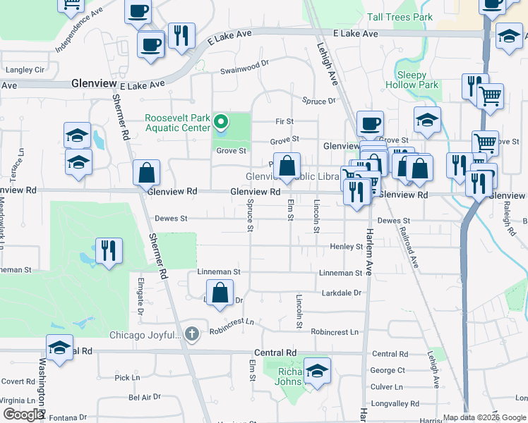 map of restaurants, bars, coffee shops, grocery stores, and more near 2122 Dewes Street in Glenview