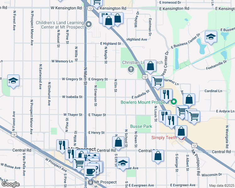 map of restaurants, bars, coffee shops, grocery stores, and more near 303 North Elm Street in Mount Prospect
