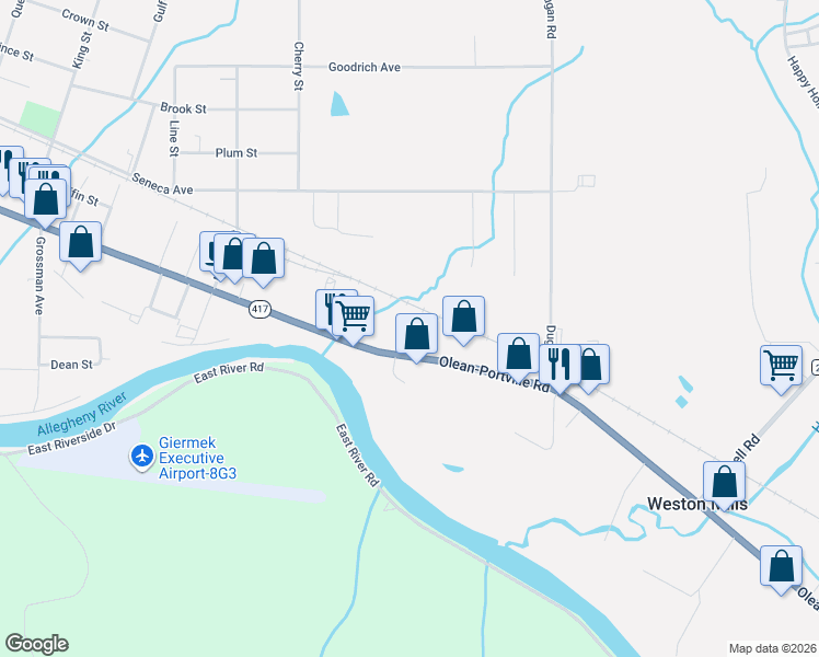 map of restaurants, bars, coffee shops, grocery stores, and more near 1654 Olean-Portville Road in Olean