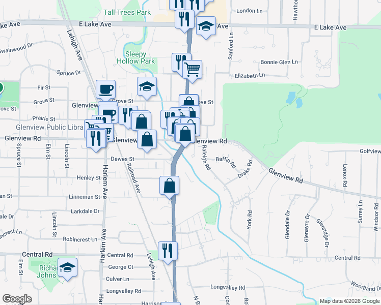 map of restaurants, bars, coffee shops, grocery stores, and more near 1621 Glenview Road in Glenview