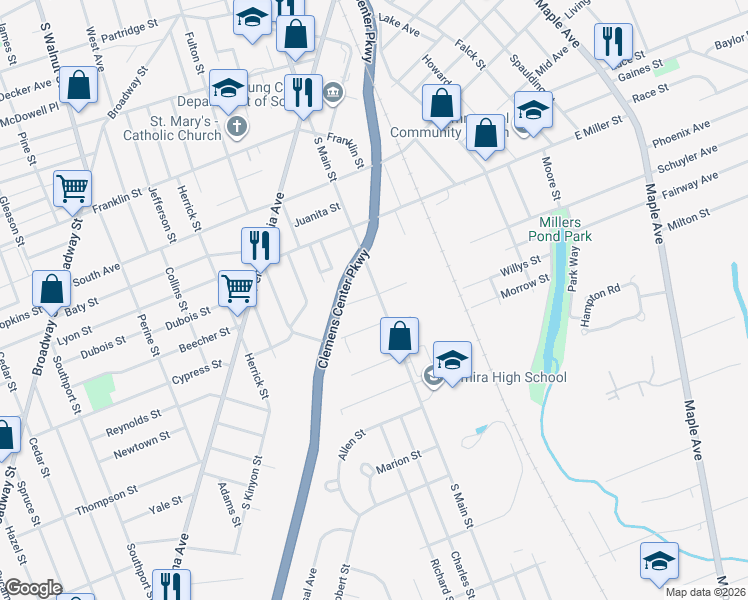 map of restaurants, bars, coffee shops, grocery stores, and more near 750 South Main Street in Elmira