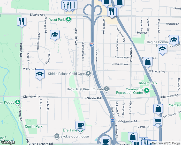map of restaurants, bars, coffee shops, grocery stores, and more near 941 Long Road in Glenview