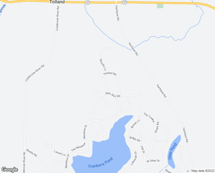 map of restaurants, bars, coffee shops, grocery stores, and more near Thicket Road in Tolland