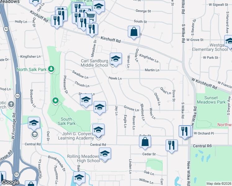 map of restaurants, bars, coffee shops, grocery stores, and more near 3700 Jay Lane in Rolling Meadows