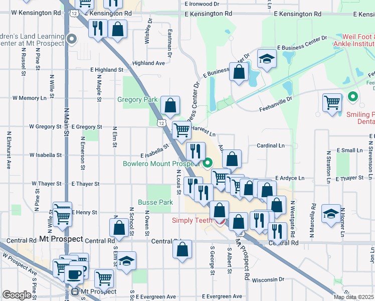 map of restaurants, bars, coffee shops, grocery stores, and more near 740 U.S. 12 in Mount Prospect