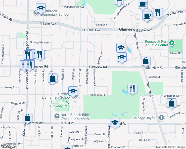 map of restaurants, bars, coffee shops, grocery stores, and more near 920 Meadowlark Lane in Glenview