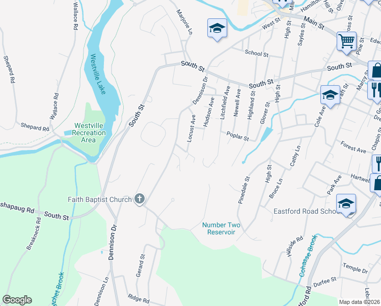 map of restaurants, bars, coffee shops, grocery stores, and more near 135 Locust Avenue in Southbridge