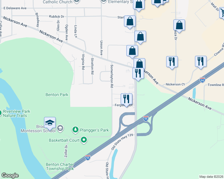 map of restaurants, bars, coffee shops, grocery stores, and more near 583 Manorwood Circle in Benton Harbor