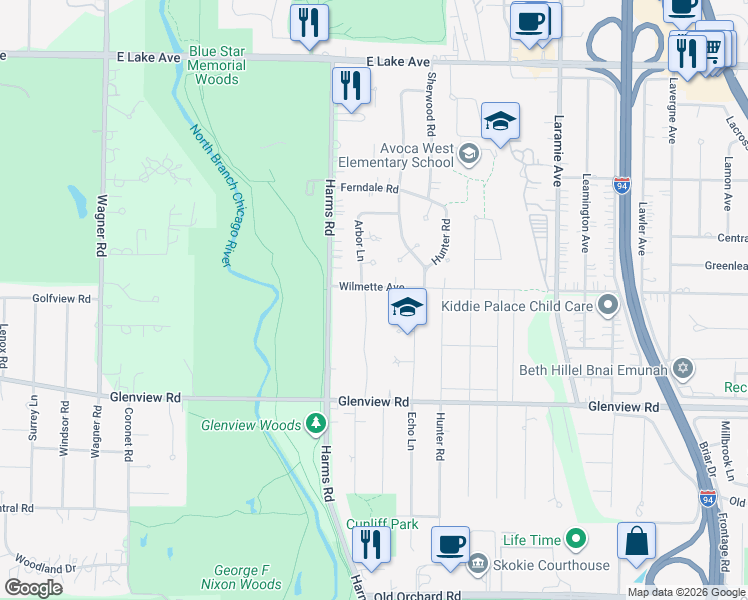 map of restaurants, bars, coffee shops, grocery stores, and more near 937 Arbor Ln in Glenview