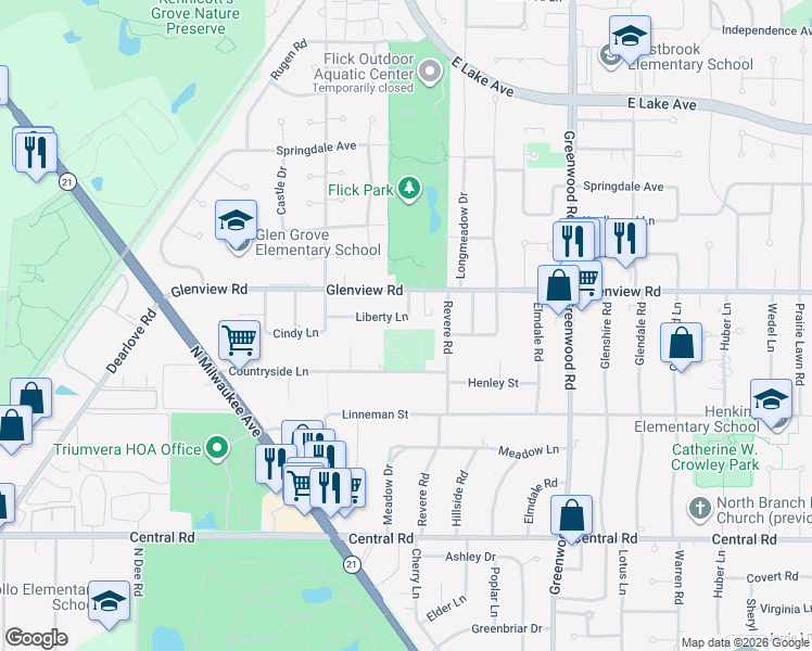map of restaurants, bars, coffee shops, grocery stores, and more near 3609 Liberty Lane in Glenview