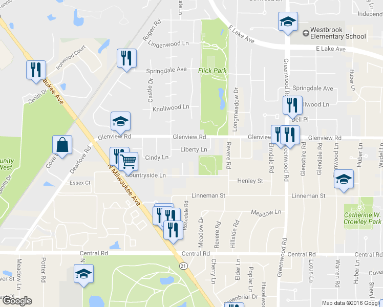 map of restaurants, bars, coffee shops, grocery stores, and more near 3625 Liberty Lane in Glenview